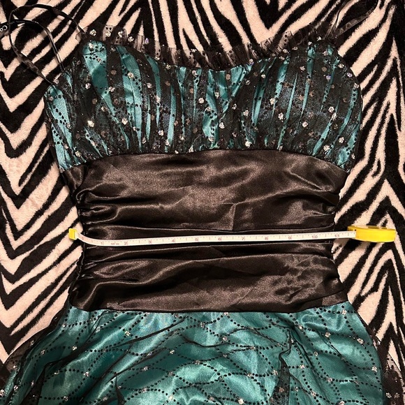 Blue-Green Vintage Party Dress w/ Mesh Tulle Overlay - Picture 4 of 7